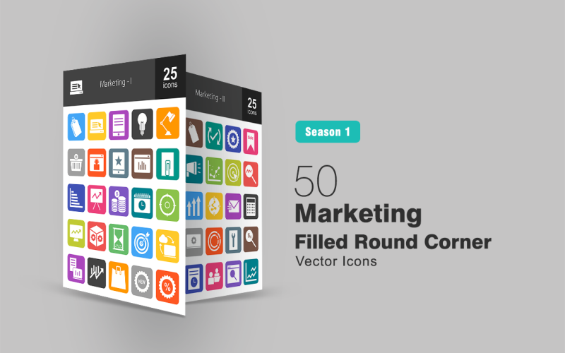 Download Набор иконок "50 Marketing Filled Round Corner Icon Set" / 50 Marketing Filled Round Corner Icon Set - Набор иконок на тему графика marketing icon tags link favourite graph presentation coins target data share shopping bags percentage price announcement report search bar inflation