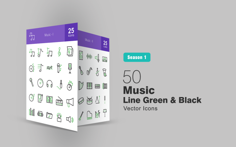 Download Набор иконок "50 Music Line Green & Black Icon Set" / 50 Music Line Green & Black Icon Set - Набор иконок на тему графика music icon notes note options staff singing microphone disc playing headphones cd speakers radio cassette player folder volume controller guitar