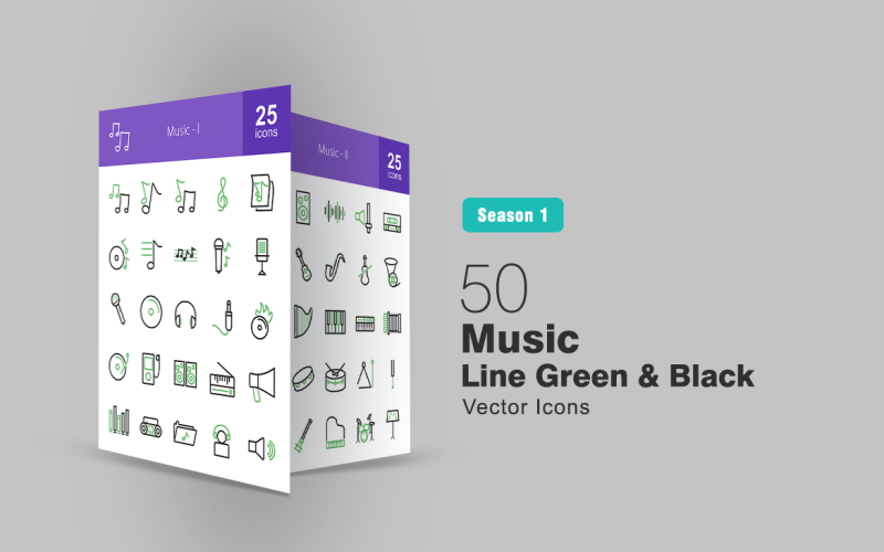 50 musiklinje grön & svart ikonuppsättning