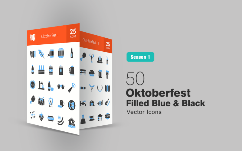 50 Oktoberfest fylld blå & svart ikonuppsättning