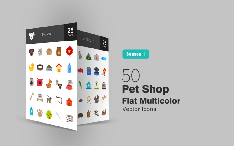 Download Набор иконок "50 Pet Shop Flat Multicolor Icon Set" / 50 Pet Shop Flat Multicolor Icon Set - Набор иконок на тему графика pet icon shop cage house food tank medicine injection ball milk leash bone cushion veterinary dog cat mouse bird parrot