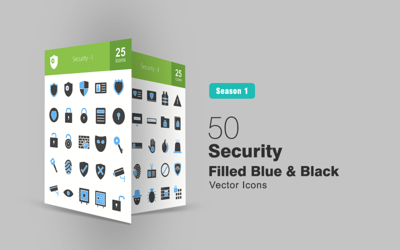 Download Набор иконок "50 Security Filled Blue & Black Icon Set" / 50 Security Filled Blue & Black Icon Set - Набор иконок на тему графика security icon shield identity card police badge lock key firewall mask fingerprint camera eye vault unlock protection system vest warning