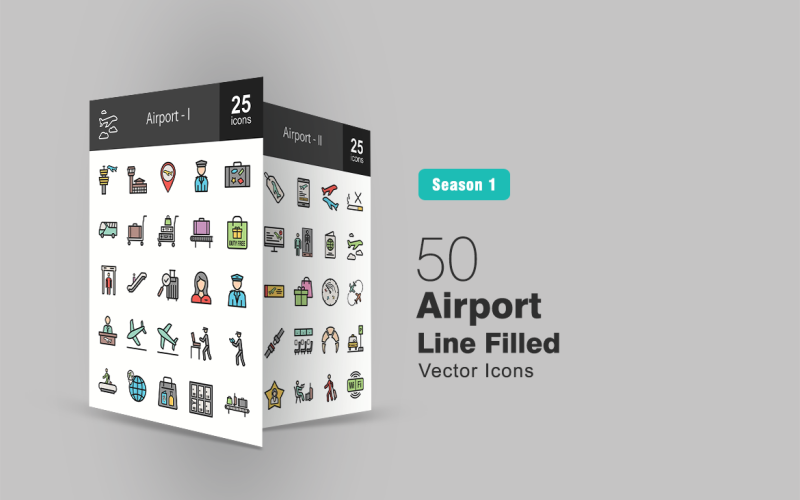 50 set di icone di linea riempita aeroporto
