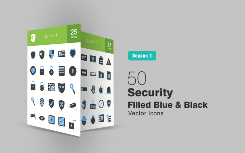 50 Sicherheitsgefülltes blau-schwarzes Icon-Set
