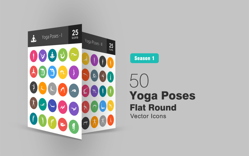 50 Yoga Poses Flat Round Icon Set