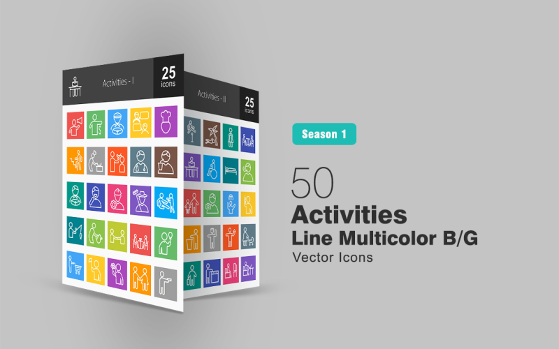 Download Набор иконок "50 Activities Line Multicolor B/G Icon Set" / 50 Activities Line Multicolor B/G Icon Set - Набор иконок на тему графика activity icons chatting icon cooking drinking driving eating fighting handshake sitting sleeping smoking teaching walking working watching tv user people
