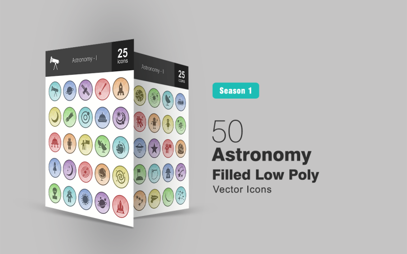 50 Astronomi fylld låg poly ikonuppsättning