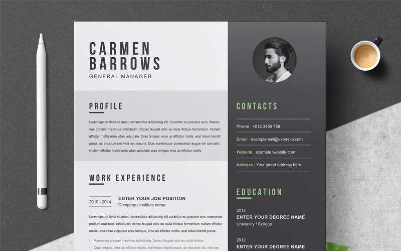 Download Резюме "Carmen Resume Template" / Carmen Resume Template - Резюме на тему графика 1 page resume 2 clean cv cover letter design template illustrator eps mac pages microsoft word modern photoshop psd professional