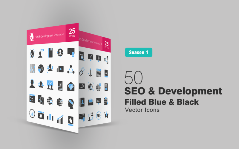 50 Conjunto de ícones preenchidos em azul e preto com SEO e desenvolvimento