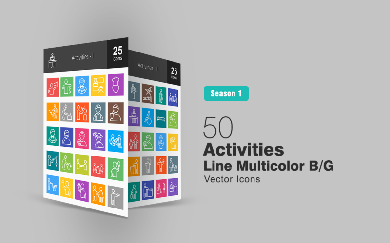 Ensemble d'icônes B / G multicolore de 50 activités