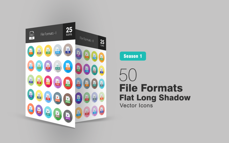 Download Набор иконок "50 File Formats Flat Long Shadow Icon Set" / 50 File Formats Flat Long Shadow Icon Set - Набор иконок на тему графика files icon ai png jpg mp3 doc txt xls pdf css htm rss js psd xml avi eps iconbunny flat