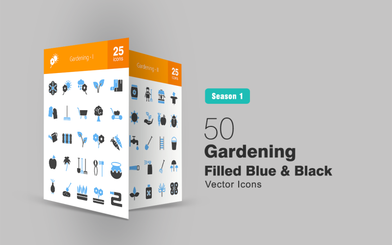 50 Gardening Filled Blue & Black Icon Set