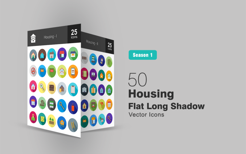 Download Набор иконок "50 Housing Flat Long Shadow Icon Set" / 50 Housing Flat Long Shadow Icon Set - Набор иконок на тему графика housing icon real estate property house building apartment resident insurance keys brick wall garage loan architecture shop fence location iconbunny