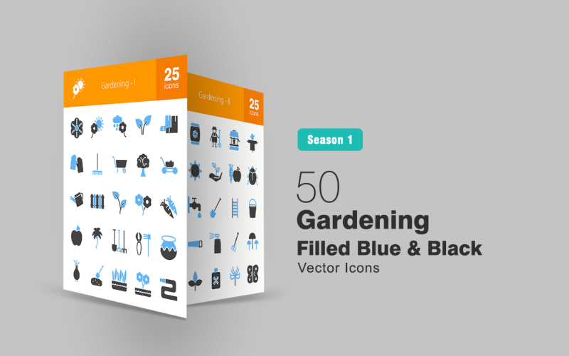 50 iconos de jardinería llenos de azul y negro