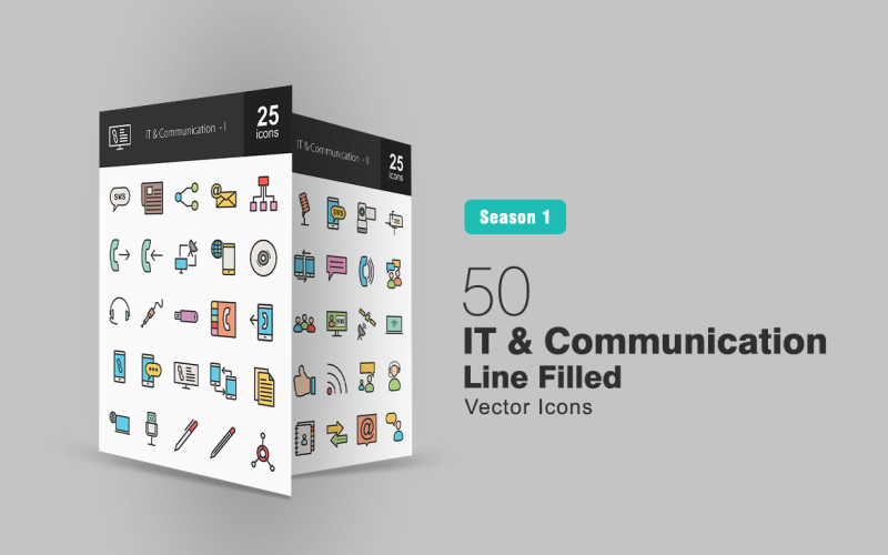Download Набор иконок "50 IT & Communication Filled Line Icon Set" / 50 IT & Communication Filled Line Icon Set - Набор иконок на тему графика technology icon communication sms news call network connection notification pen phonebook video camera contact team microphone document mobile typing iconbunny