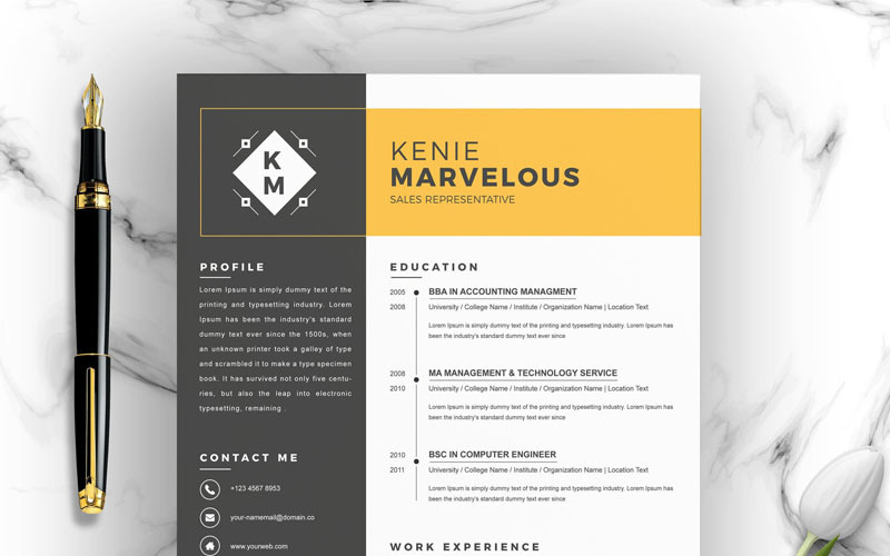 Download Резюме "Kenie Resume Template" / Kenie Resume Template - Резюме на тему графика resume 2 page clean cv cover letter design template illustrator eps mac pages microsoft word modern photoshop psd professional
