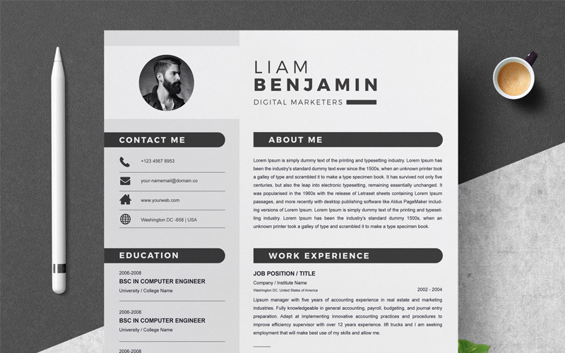 Download Резюме "Liam Resume Template" / Liam Resume Template - Резюме на тему графика resume 2 page clean cv cover letter design template illustrator eps mac pages microsoft word modern photoshop psd professional