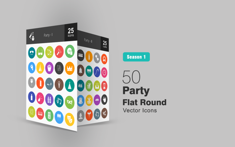 Download Набор иконок "50 Party Flat Round Icon Set" / 50 Party Flat Round Icon Set - Набор иконок на тему графика party icon celebration music drinks food blower spray icecream bottle speaker balloons guitar fireworks invitation hat limousine hot dog iconbunny