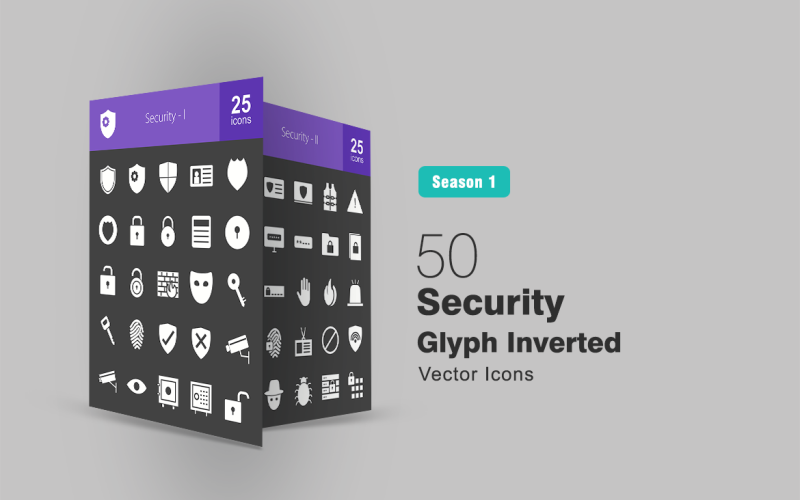 Download Набор иконок "50 Security Glyph Inverted Icon Set" / 50 Security Glyph Inverted Icon Set - Набор иконок на тему графика security icon shield identity card police badge lock key firewall mask fingerprint camera eye vault unlock protection system vest warning
