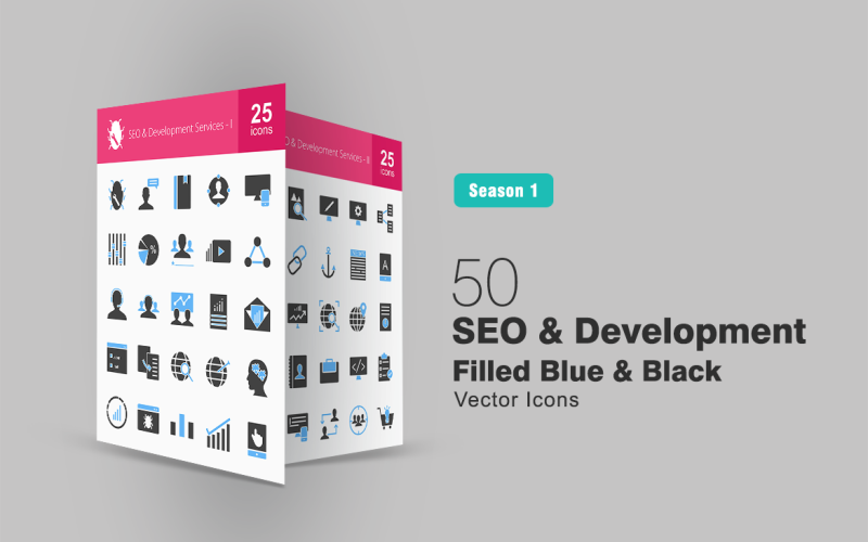 Download Набор иконок "50 SEO & Development Filled Blue & Black Icon Set" / 50 SEO & Development Filled Blue & Black Icon Set - Набор иконок на тему графика seo icon development services blog responsive design competitor analysis related content email marketing customer support mobile application game developing monitoring