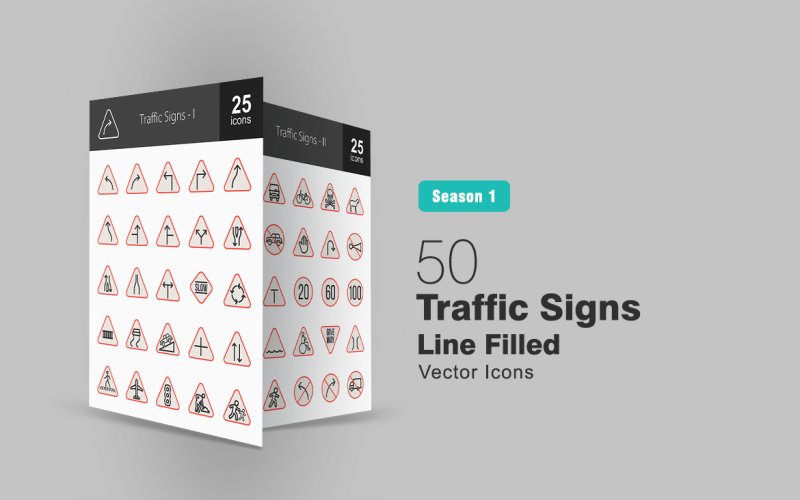 Download Набор иконок "50 Traffic Signs Filled Line Icon Set" / 50 Traffic Signs Filled Line Icon Set - Набор иконок на тему графика traffic icon signs curve turn signal bend lane horn danger sign give way stop railway dead end bridge speed limit