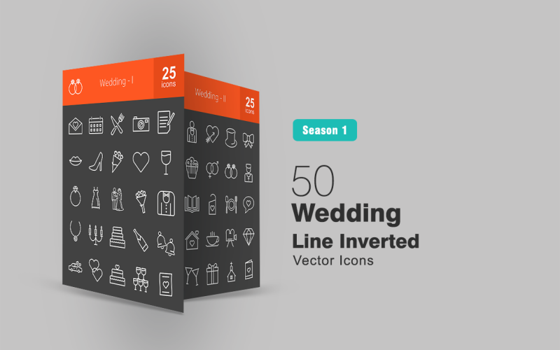 Download Набор иконок "50 Wedding Line Inverted Icon Set" / 50 Wedding Line Inverted Icon Set - Набор иконок на тему графика wedding icon bride groom cake rings invitation calendar date flowers drinks necklace music coffee dinner heels heart bells iconbunny flat