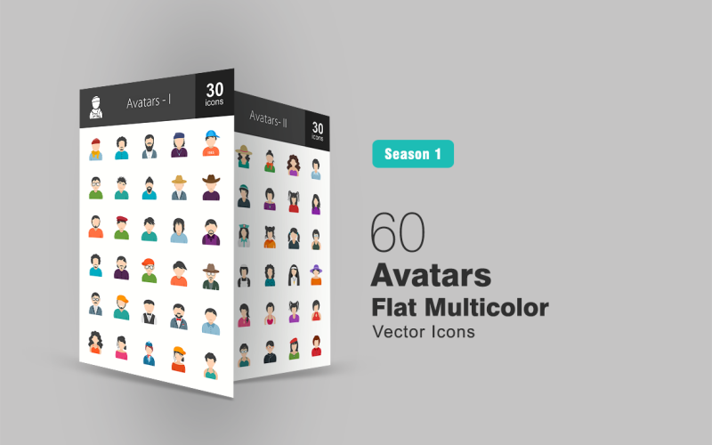 Download Набор иконок "60 Avatars Flat Multicolor Icon Set" / 60 Avatars Flat Multicolor Icon Set - Набор иконок на тему графика avatars,icon,characters,people,person,user,male,female,girl,boy,man,woman,styles,personalities,humans,glasses,scarf,bandana,punk,hairstyle