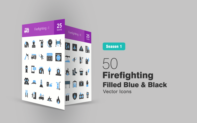 50 brandbekämpning fylld blå och svart ikonuppsättning