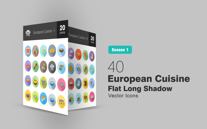 40 cocina europea plana larga sombra conjunto de iconos
