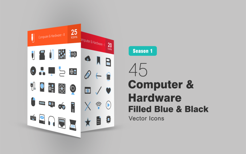 45 Conjunto de ícones preenchidos em azul e preto para computador e hardware