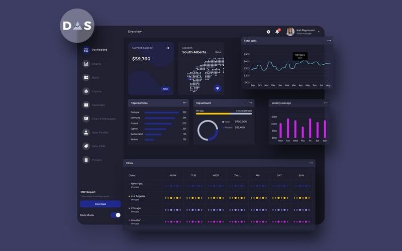 DAS Фінанси Інформаційна панель Ui Темний шаблон ескізу