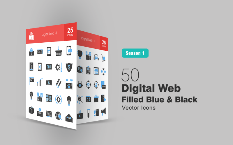50 Digital Web wypełniony zestaw ikon niebieski i czarny