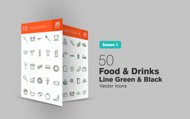 Ensemble d'icônes de 50 lignes de nourriture et de boissons vertes et noires