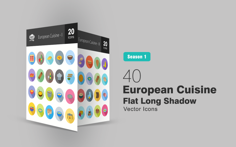 Download Набор иконок "40 European Cuisine Flat Long Shadow Icon Set" / 40 European Cuisine Flat Long Shadow Icon Set - Набор иконок на тему графика europe,icon,cuisine,food,cooking,european,apple,cider,wine,sausages,soup,bread,champagne,chef,coleslaw,salad,cream,cheese,fish,lasagne