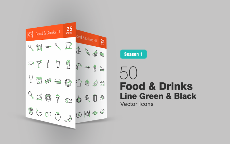 Download Набор иконок "50 Food & Drinks Line Green & Black Icon Set" / 50 Food & Drinks Line Green & Black Icon Set - Набор иконок на тему графика food icon drinks fruits vegetables snacks fastfood milk chicken meat kettle crockery spoon cup bottle dessert cheese breakfast iconbunny flat