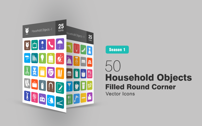 Download Набор иконок "50 Household Objects Filled Round Corner Icon Set" / 50 Household Objects Filled Round Corner Icon Set - Набор иконок на тему графика household icon objects items clock phone books bulb shopping bag shoes kitchen accessories mirror crockery milk toaster socks pencils burger