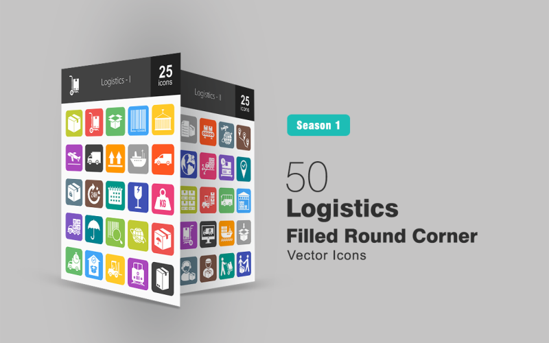 Download Набор иконок "50 Logistics Filled Round Corner Icon Set" / 50 Logistics Filled Round Corner Icon Set - Набор иконок на тему графика package icon logistics transport deliver box parcel flight truck ship car schedule weight broken packed lifter railway assembly line destination