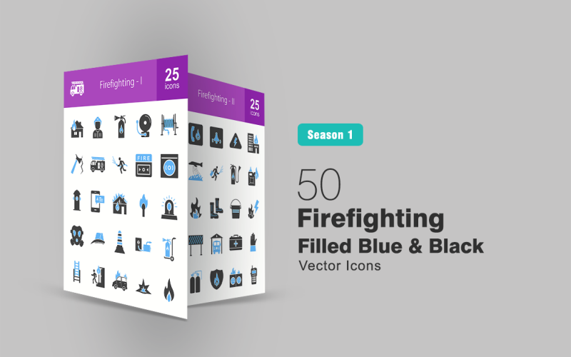 50 Mit Feuerlöschern gefülltes blaues und schwarzes Icon-Set
