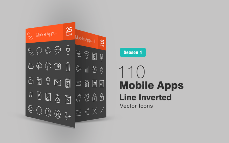 Download Набор иконок "110 Mobile Apps Line Inverted Icon Set" / 110 Mobile Apps Line Inverted Icon Set - Набор иконок на тему графика mobile apps icon camera calendar themes wallpaper gallery signals phone music messaging maps email downloads audio sounds technology iconbunny flat