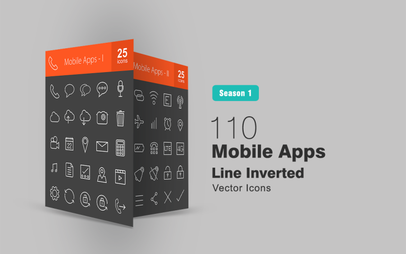 110 Mobile Apps Line Inverted Icon Set