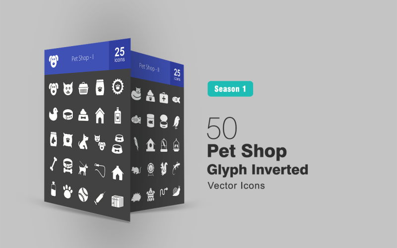Download Набор иконок "50 Pet Shop Glyph Inverted Icon Set" / 50 Pet Shop Glyph Inverted Icon Set - Набор иконок на тему графика pet icon shop cage house food tank medicine injection ball milk leash bone cushion veterinary dog cat mouse bird parrot