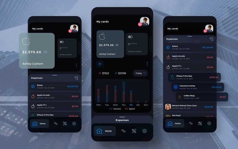 Шаблон эскиза Darkmode для мобильного пользовательского интерфейса Damofy Finance Management