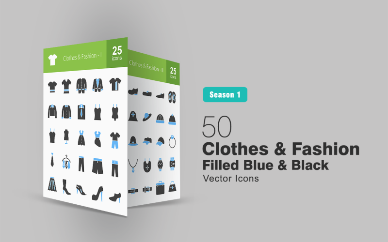 Sada 50 modro-černých ikon plných oblečení a módy