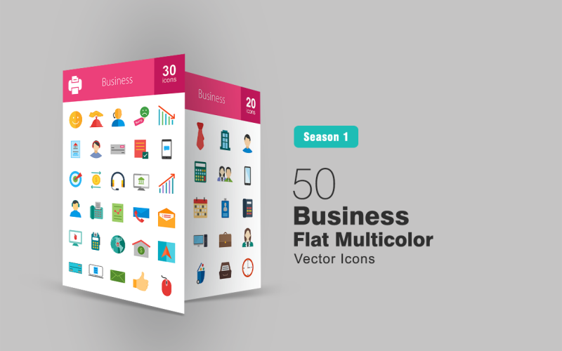 Sada 50 plochých vícebarevných obchodních ikon