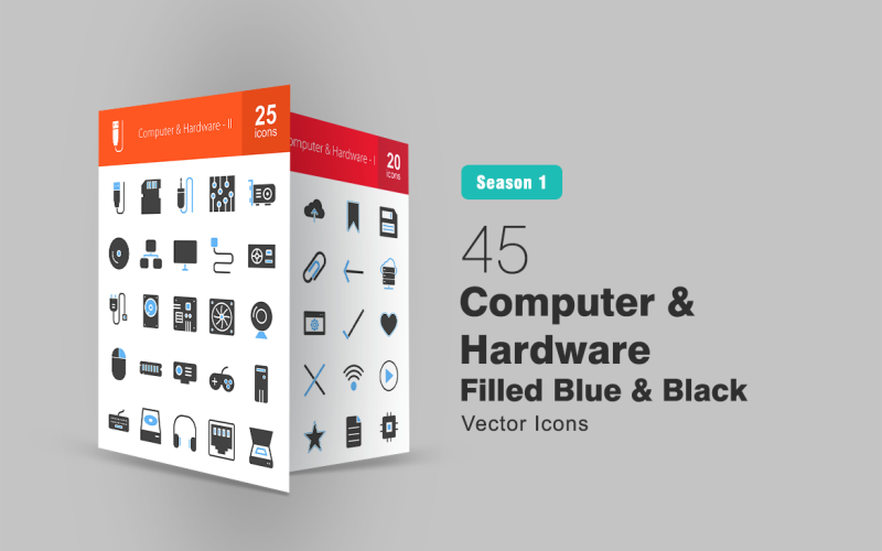 45 Sada ikon modrá a černá vyplněná počítačem a hardwarem