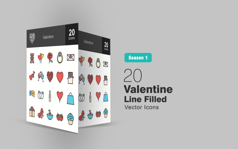 20 set di icone di linea riempita di San Valentino