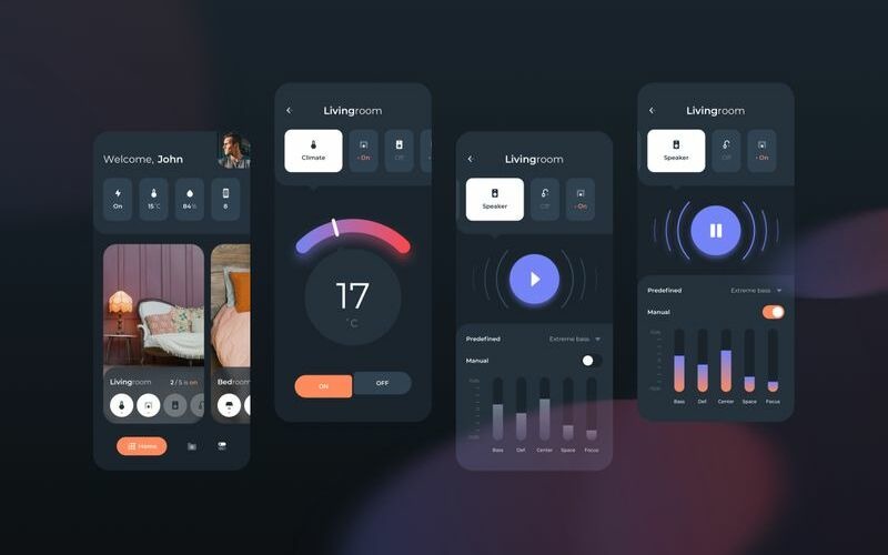 Download Sketch шаблон "Smart Home Control Dark Mode Mobile UI Sketch Template" / Smart Home Control Dark Mode Mobile UI Sketch Template - Sketch шаблон на тему графика 