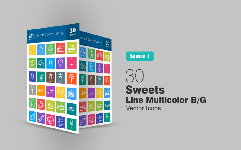 30 Snoep & Zoetwaren Lijn Multicolor B / G Icon Set