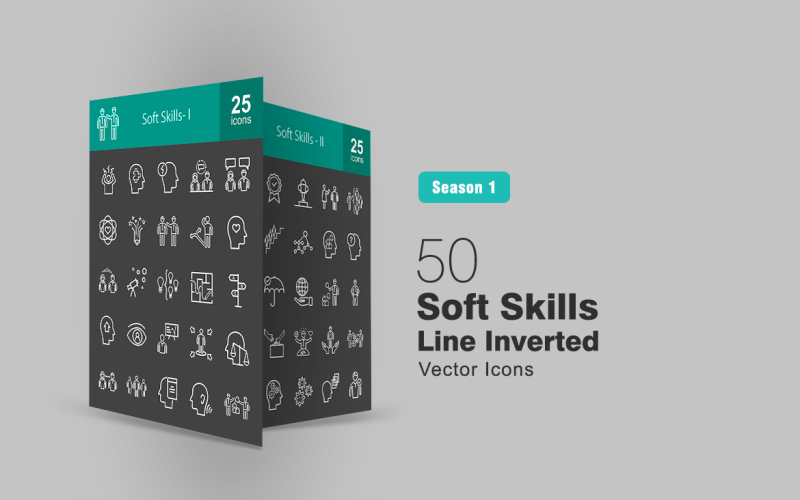Download Набор иконок "50 Soft Skills Line Inverted Icon Set" / 50 Soft Skills Line Inverted Icon Set - Набор иконок на тему графика skills,icon,anger,management,brainstorming,behavior,coach,mentor,communication,decision,making,empathy,trust,growth,impression,training,influence,integrity,transparency,leadership