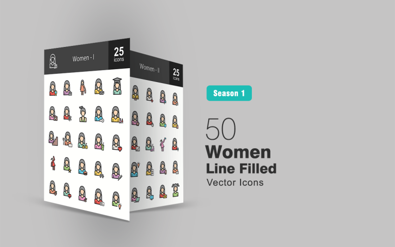 50 Women Filled Line Icon Set